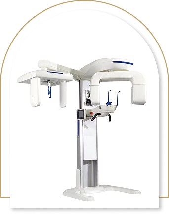A sleek white orthodontic panoramic X-ray machine with digital display and chin rest, set under an elegant black and gold arch, conveying modernity.