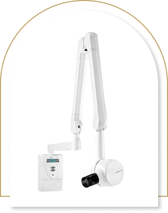 A sleek, white dental X-ray machine with an articulated arm and control panel. The design conveys a sense of modernity and precision.