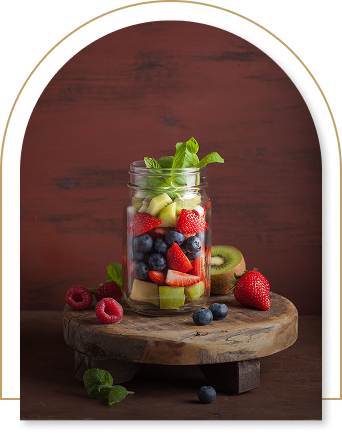 A wooden table holds a jar filled with colorful fruit, including strawberries, blueberries, and kiwi, topped with green leaves, against a rustic brown background.