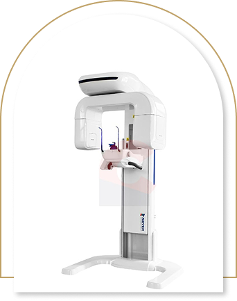 A sleek white orthodontic panoramic X-ray machine with digital display and chin rest, set under an elegant black and gold arch, conveying modernity.